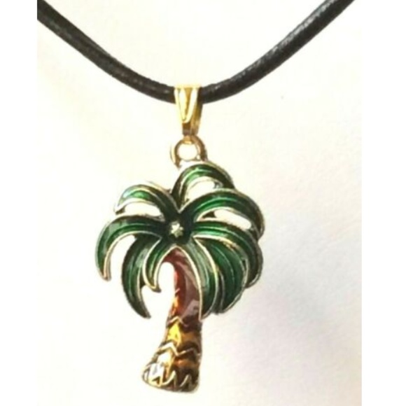 Gold Coconut Palm Tree Necklace Island Beach 21" Green Enamel Black Leather Cord - Picture 4 of 8